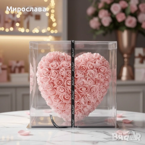 Декоративно сърце от изкуствени рози в подаръчна кутия, снимка 4 - Подаръци за жени - 53047928