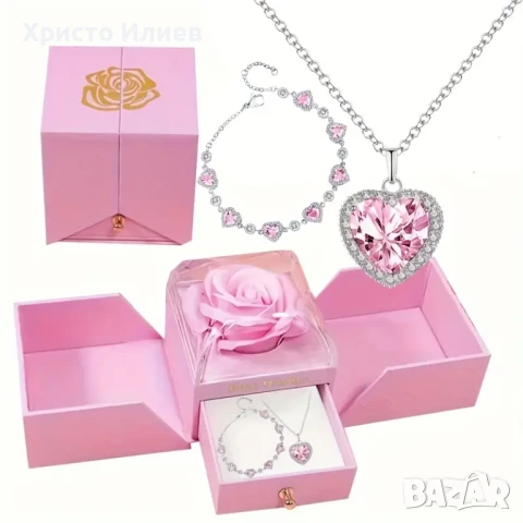 Луксозен комплект бижута с розов кристал и подаръчна кутия с роза Перфектният романтичен подарък, снимка 6 - Бижутерийни комплекти - 51296216