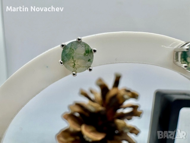 Сребърни обеци с естествен мъхов ахат 1.5 карата, снимка 4 - Обеци - 54090572