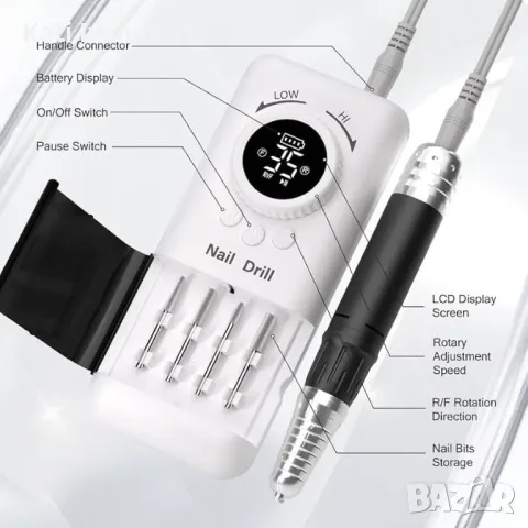 Професионална електрическа пила за нокти Retilio, преносима машина за нокти 35000 оборота, снимка 3 - Продукти за маникюр - 48025305