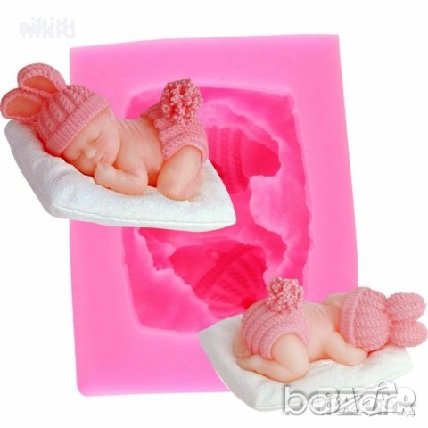 3D бебе с плетени заешки уши шапчица и гащички опашле на възглавница силиконов молд фондан гипс, снимка 2 - Форми - 18545629