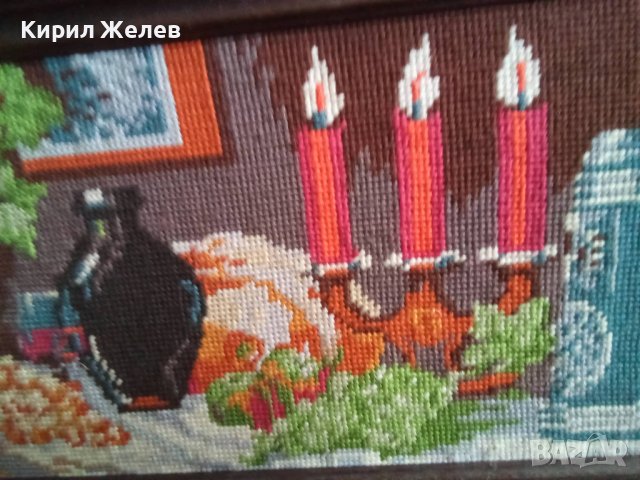 СТАР ГОБЛЕН ПРАЗНИЧНА НОВОГОДИЩНА ТРАПЕЗА ГЕРМАНИЯ в ДЪРВЕНА РАМКА 30916, снимка 6 - Гоблени - 37791629