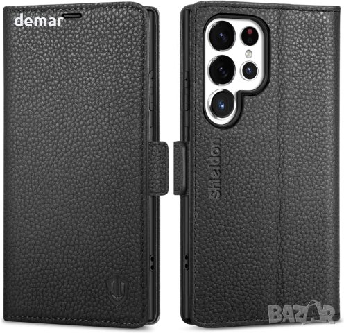 Калъф SHIELDON за Galaxy S24 Ultra 6.8", от естествена кожа, зърнесто черно