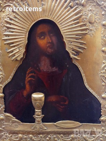 19 Век! Руска икона на Света Евхаристията в Бронзов Обков, снимка 2 - Антикварни и старинни предмети - 39707564
