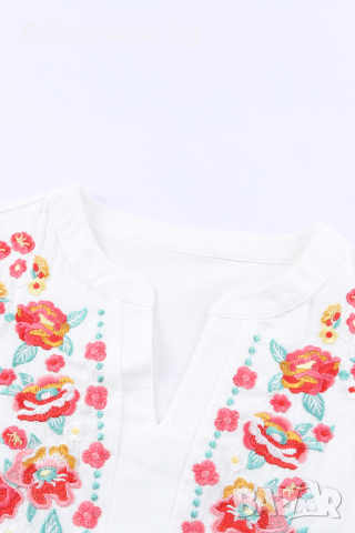 Дамска блуза в бяло с къс ръкав и бродерия с флорален мотив, 100% памук, снимка 6 - Тениски - 44741107