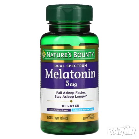 Nature's Bounty Мелатонин, Двоен спектър, 5 мг, 60 двуслойни таблетки, снимка 1 - Хранителни добавки - 42214956