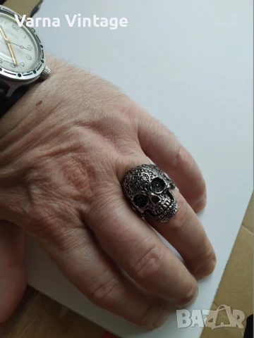 Брутален масивен мъжки пръстен Череп с шарки., снимка 3 - Пръстени - 51415790