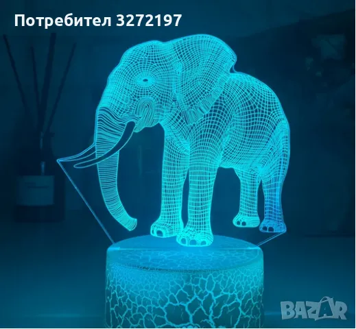Холограмна 3D LED лампа Слон-дистанционно управление 16 цвята+други режими на управление, снимка 1