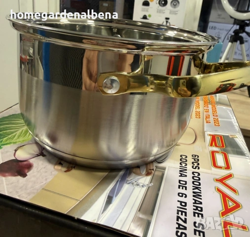 Луксозен комплект тенджери от неръждаема стомана със златни дръжки – 3 броя, снимка 5 - Съдове за готвене - 54166587