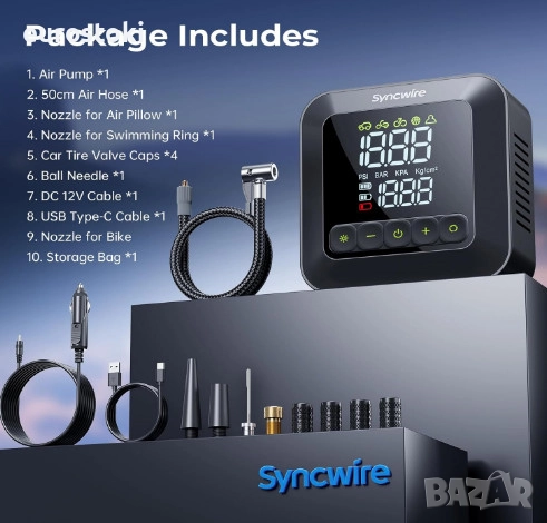 Преносима помпа за гуми Syncwire, преносим въздушен компресор 150 PSI за автомобилни гуми, снимка 5 - Аксесоари и консумативи - 52298202