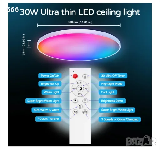 Интелигентен RGB LED плафон WIFI+Bluetooth, ANDROTEK®, 30W, 2600lm, дистанционно управление, снимка 3 - Лампи за таван - 55934575