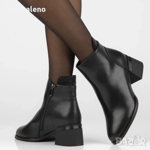 Дамски черни боти до глезена от естествена кожа с циркони Jean, снимка 3 - Дамски боти - 52596066
