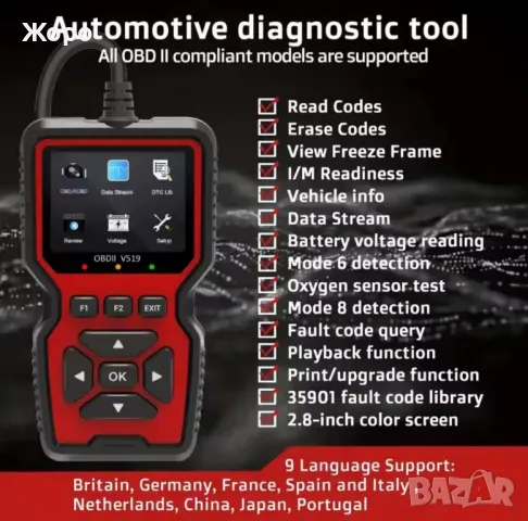 Автомобилен Диагностичен инструмент Скенер за кодове и грешки на двигателя OBDII-V519, снимка 3 - Аксесоари и консумативи - 49411398