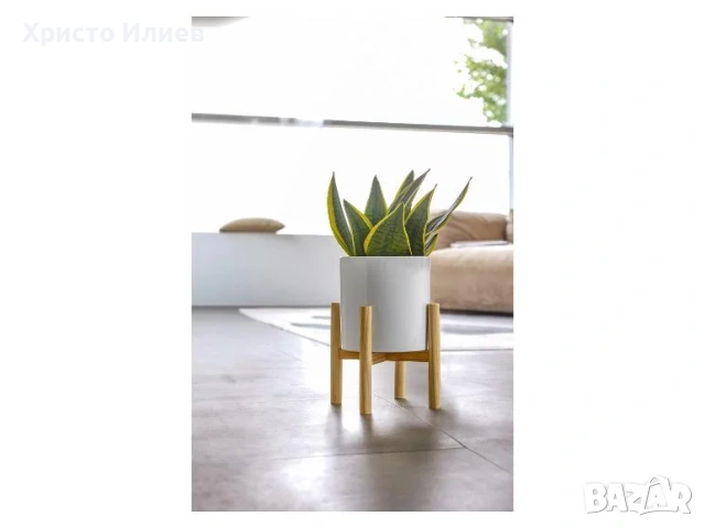 Кашпа със стойка Саксия с дървена стойка Сива Бяла, снимка 2 - Декорация за дома - 54060014