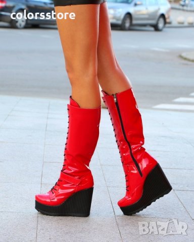 Ботуши на платформа - червен лак - 1905, снимка 4 - Дамски ботуши - 32307021