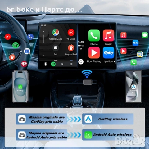 KM3 2 в 1 CarPlay и Android Auto безжичен адаптер, съвместим с Apple iOS 10+ и Android 11+, снимка 3 - Друга електроника - 54067581