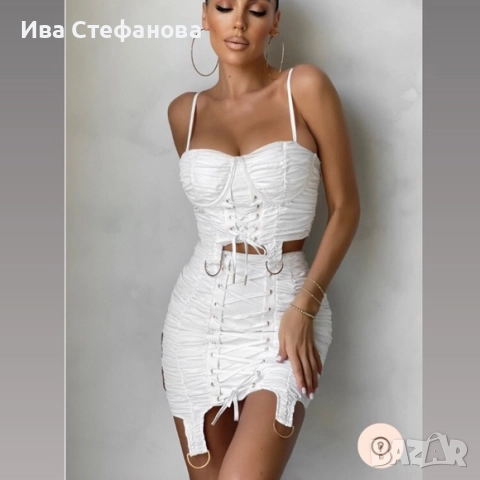 Нов елегантен парти коктейлен официален бял сет комплект пола топ корсет набран по цялата дължина 