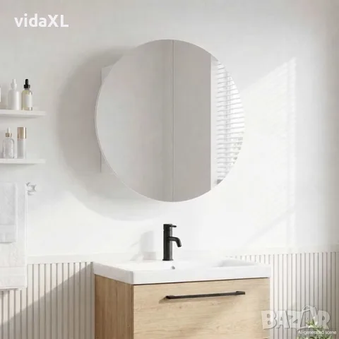 vidaXL Шкаф за баня с кръгло огледало и LED, бял, 40x40x17,5 см（SKU: 345579）, снимка 2 - Огледала - 56110135