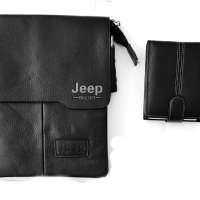 Комплект елегантна мъжка кожена чанта JEEP от екожа плюс портфейл от естествена, снимка 1 - Портфейли, портмонета - 37938304