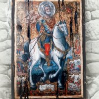 икона Свети Мина на кон със светци 33/23 см - УНИКАТ, декупаж, 105 лв, снимка 1 - Икони - 37177568
