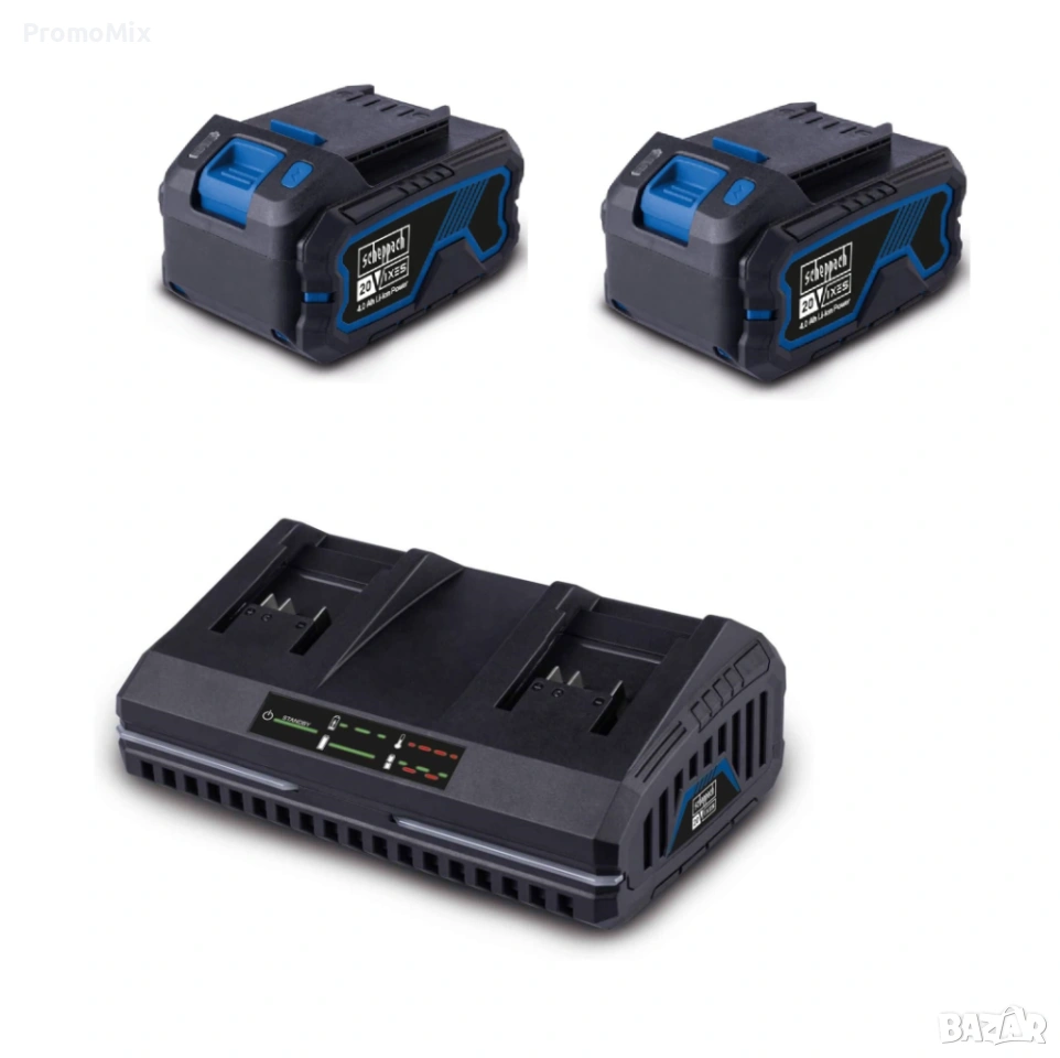Комплект 2броя батерии 4Ah с двойно зарядно Scheppach IXES 4.5А Li-ion 20V 240W Бързо зарядно, снимка 1