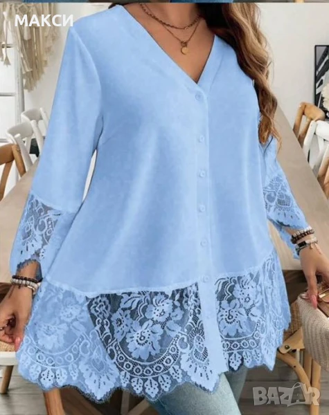 Красива дълга елегантна туника с копчета/тип риза в светло синьо с широка приказна дантела, КОД 008, снимка 1