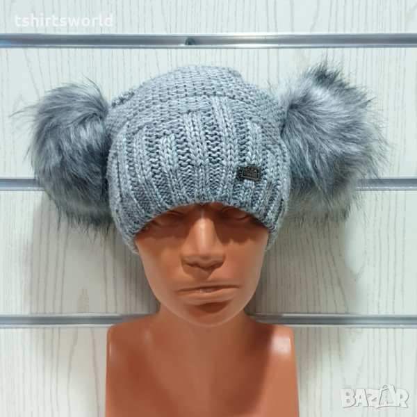 Нова зимна дамска шапка с 2 помпона/пуха Силвър стар, снимка 1
