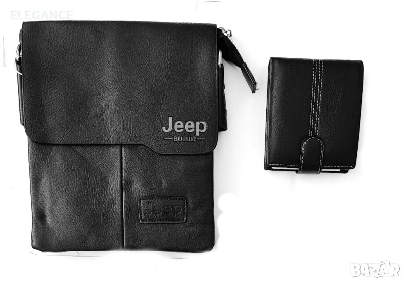 Комплект елегантна мъжка кожена чанта JEEP от екожа плюс портфейл от естествена, снимка 1