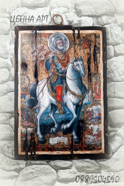 икона Свети Мина на кон със светци 33/23 см - УНИКАТ, декупаж, 105 лв, снимка 1