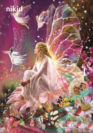 5D гоблен Фея с цветя лилав фон диамантен гоблен картина мозайка за направа по схема с камъчета, снимка 1