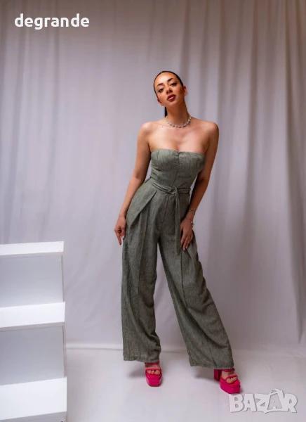 Елегантен зелен панталон с коланче и ефектно бюстие, снимка 1