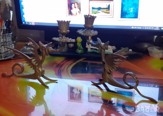 2 бр свещници с дракони месинг бронз антика фигура статуя, снимка 6 - Антикварни и старинни предмети - 28874398