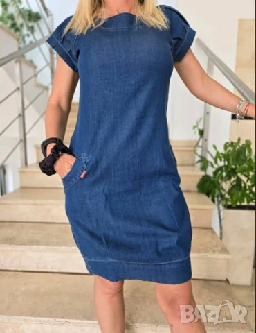Дамска Синя Лятна Къса Тънка Мека Дънкова Рокля С Джоб👗Къса Лятна Мека Рокля Деним Код VL-101