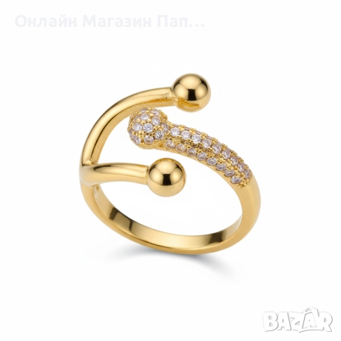 Дамски пръстен от неръждаема стомана с позлата – Регулируем дизайн „вилица“ с цирконий