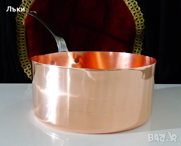 Медна тенджера,тиган,4 л. ,чиста червена мед. , снимка 2 - Антикварни и старинни предмети - 52595178