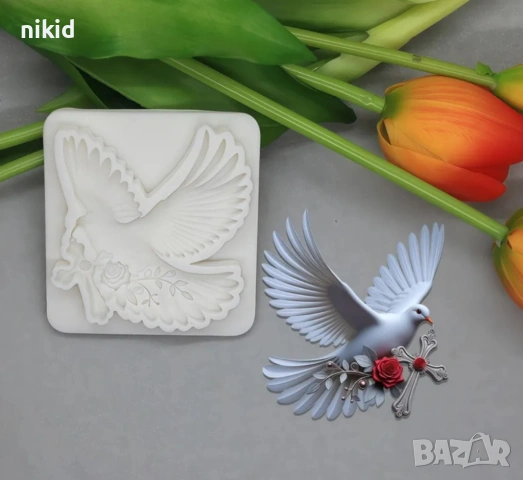Гълъб  с кръст силиконов молд форма фондан шоколад гипс кръщене декор, снимка 3 - Форми - 53014087