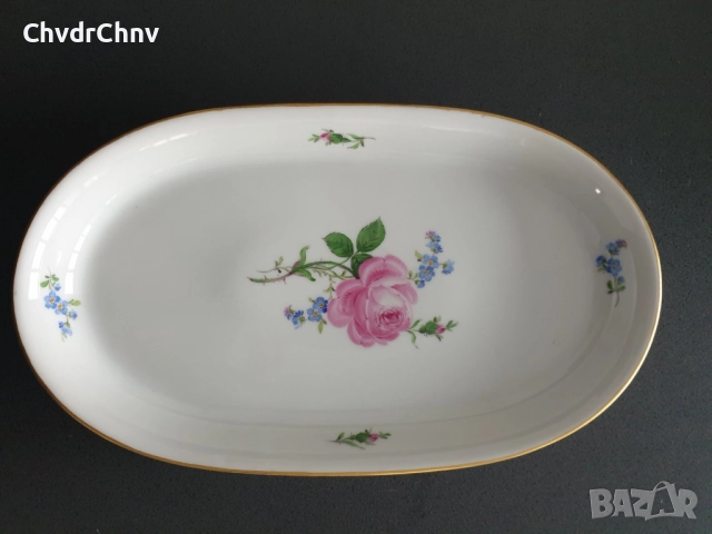 Meissen вази 14-17см/чиния 29см/стара Майсен порцеланова ваза-плато/бяла-цветя-злато, снимка 10 - Вази - 52463835