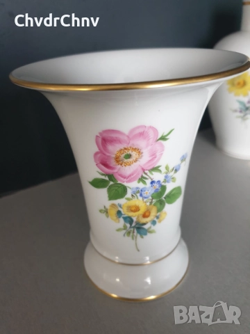 Meissen вази 14-17см/чиния 29см/стара Майсен порцеланова ваза-плато/бяла-цветя-злато, снимка 7 - Вази - 52463835