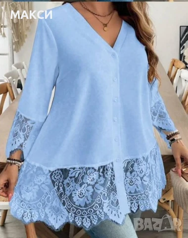 Красива дълга елегантна туника с копчета/тип риза в светло синьо с широка приказна дантела, КОД 008