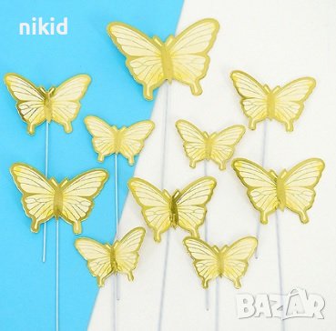 10 пеперуди картонени златен контур на тел шарени топери украса декор за торта, снимка 10 - Други - 40388341