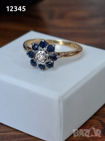 Старинен златен пръстен диамант и сапфири 