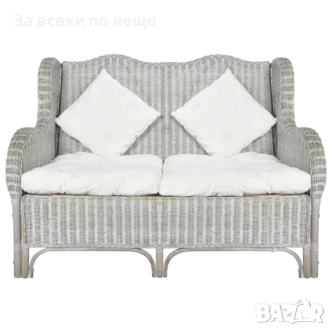 2-местен диван, сив, естествен ратан и лен, снимка 1 - Дивани и мека мебел - 44679172