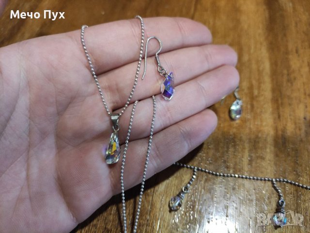 Сребърно колие и обеци Сваровски Архи Аурора Бореалис и гривна за крак, снимка 7 - Бижутерийни комплекти - 39061378