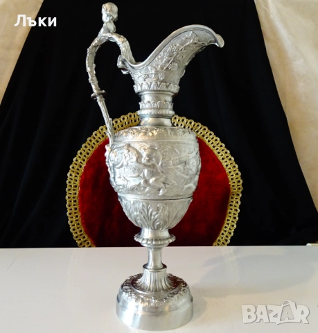 Божествена калаена ваза,кана,Ангели,Лъв,лози,барок,1.5 кг. , снимка 2 - Антикварни и старинни предмети - 51713122