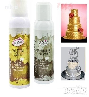 150 мл Оцветител Гланциращ спрей Dr. Gusto металик сладкарски черен седеф бял злато сребро за торта, снимка 5 - Други - 37322491