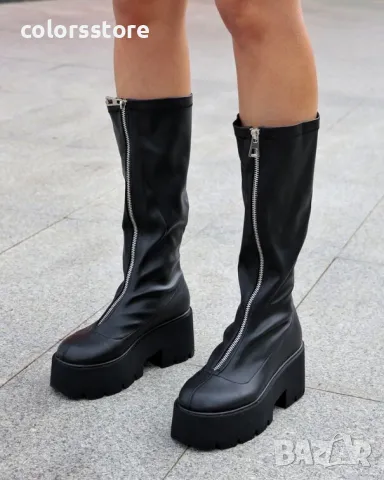 Ботуши на платформа - черна кожа - BG10