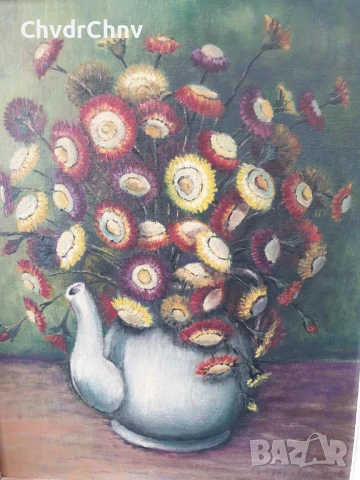 60х50см/стара картина масло върху платно-фазер/натюрморт чайник с цветя/дървена рамка, снимка 2 - Картини - 51356945