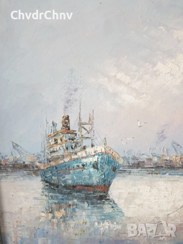 Ashley 74х64см/голяма картина масло върху платно/морски пейзаж/пристанище-рибарски кораби, снимка 3 - Картини - 52548497