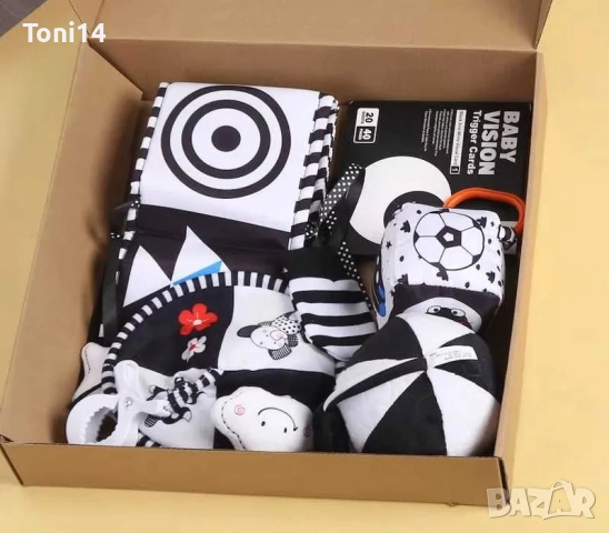 Бебешки черно-бял комплект контрастни сензорни играчки за новородени и бебета