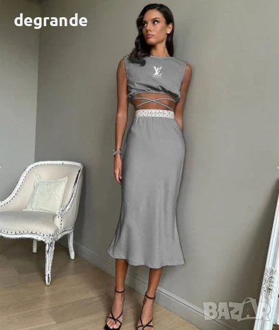 Louis Vuitton дамски комплект пола с висока талия и къс топ, снимка 2 - Комплекти - 50890692